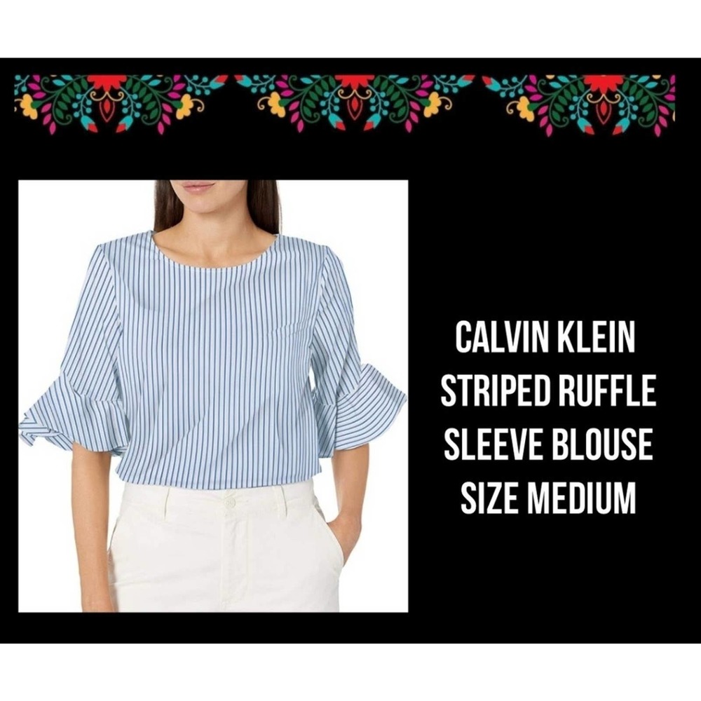 CALVIN KLEIN | STRIPED RUFFLE SLEEVE BLOUSE | SIZE MEDIUM